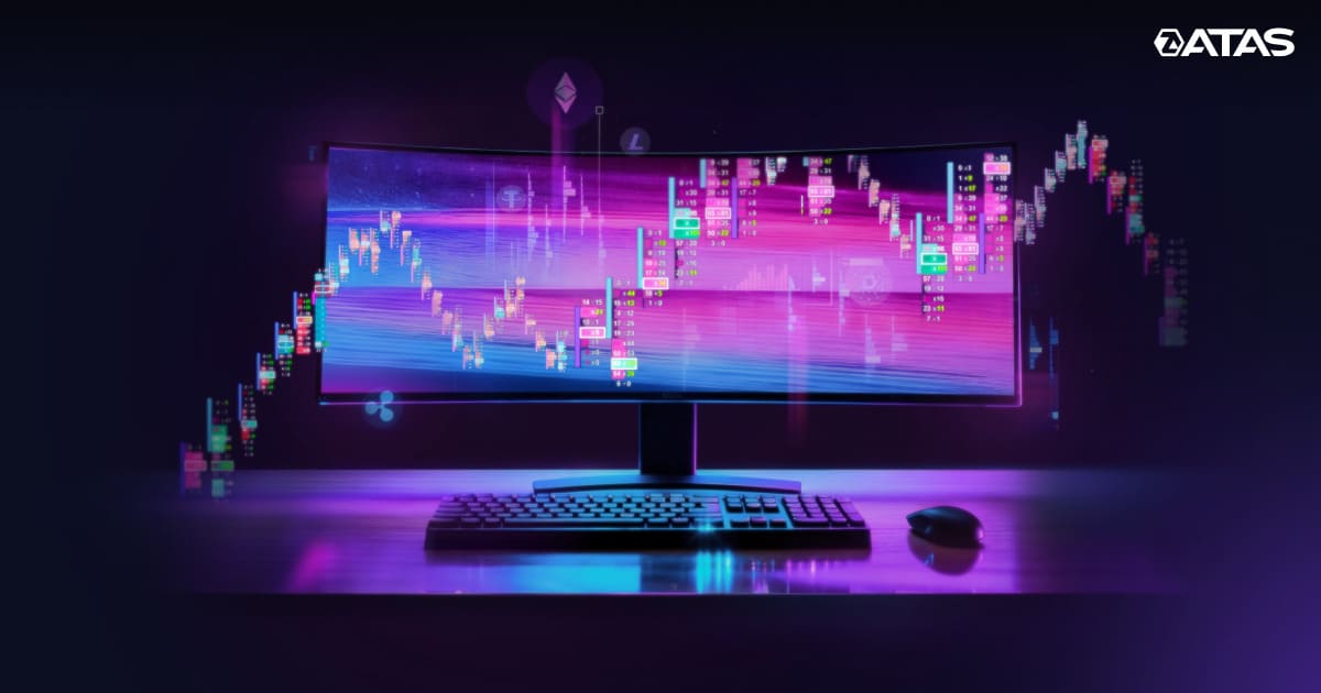 ATAS platform with footprint charts, cluster analysis and DOM heatmaps on a curved monitor