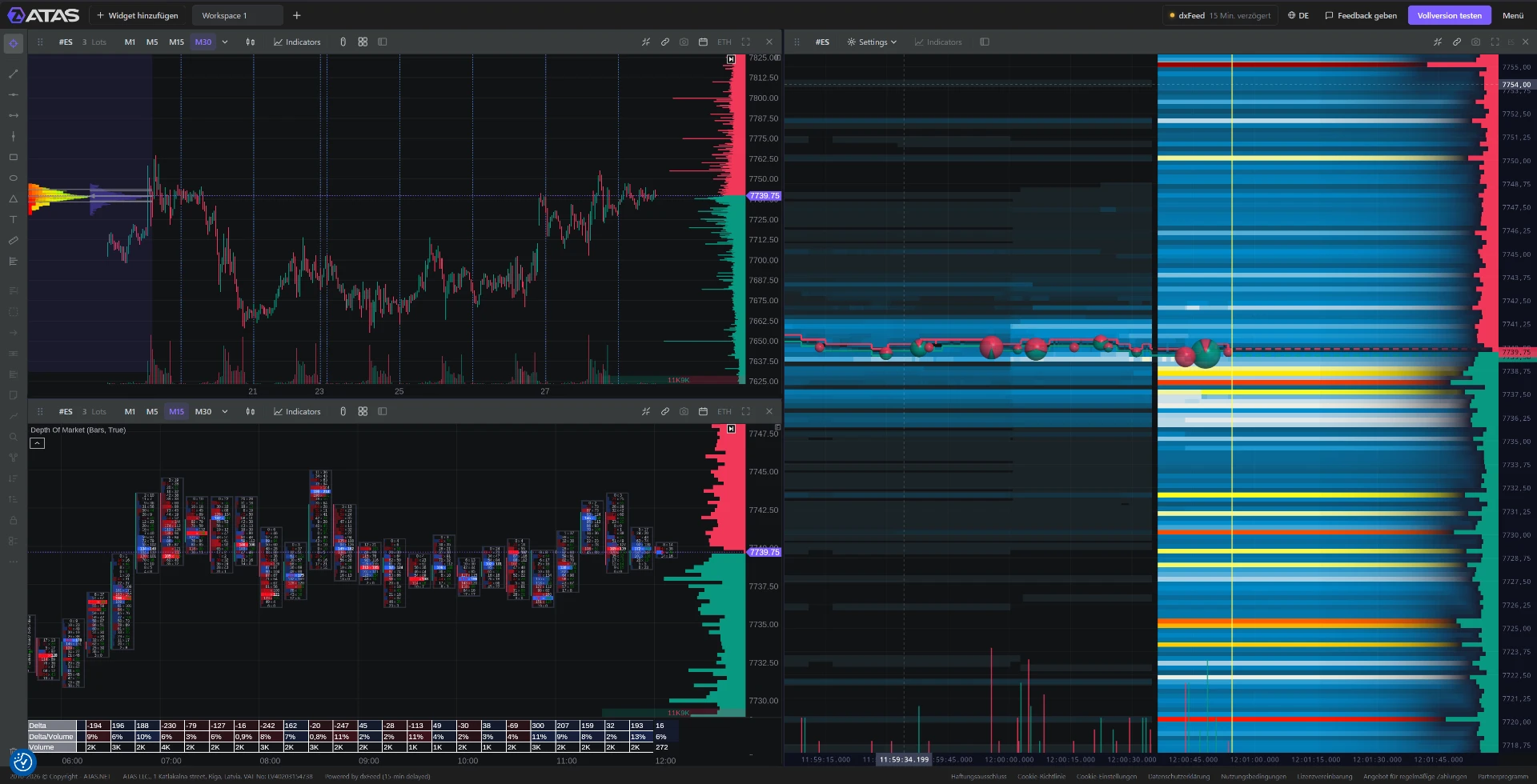 ATAS Web Version showing a Footprint chart and Heatmap in the browser