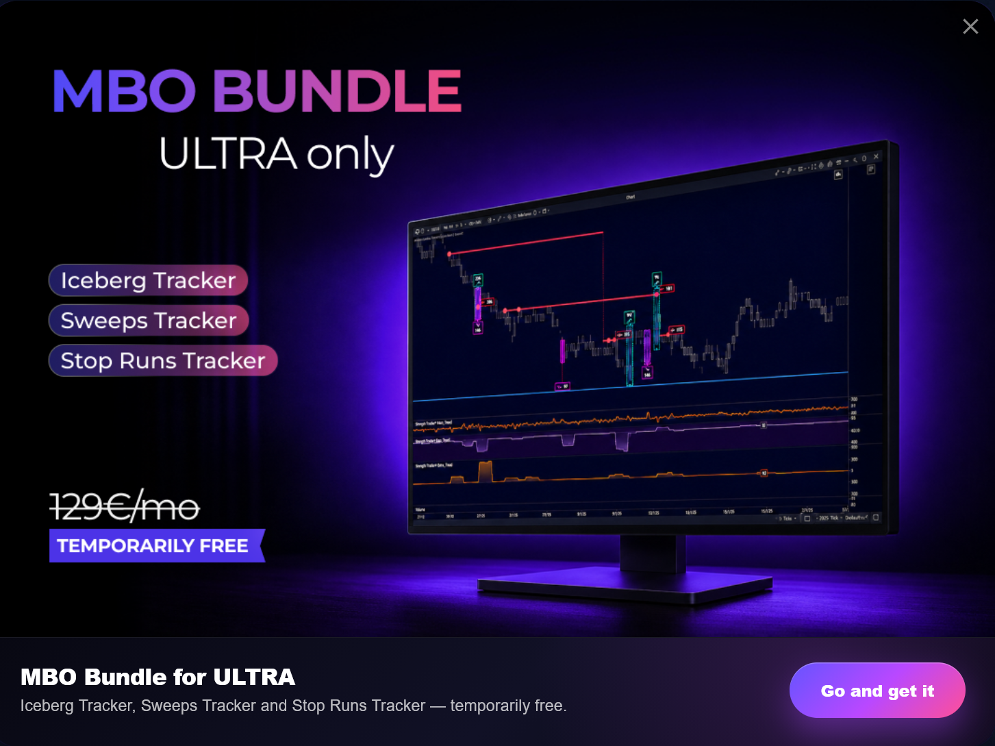 ATAS MBO Bundle for ULTRA – Iceberg Tracker, Sweeps Tracker and Stop Runs Tracker on a futures chart