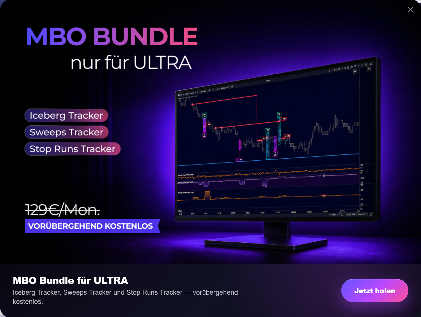 ATAS MBO Bundle showing Iceberg Tracker, Sweeps Tracker and Stop Runs Tracker on a futures chart
