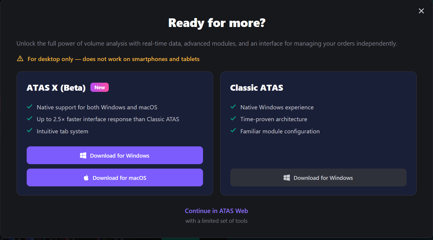 ATAS X Beta and Classic ATAS desktop options